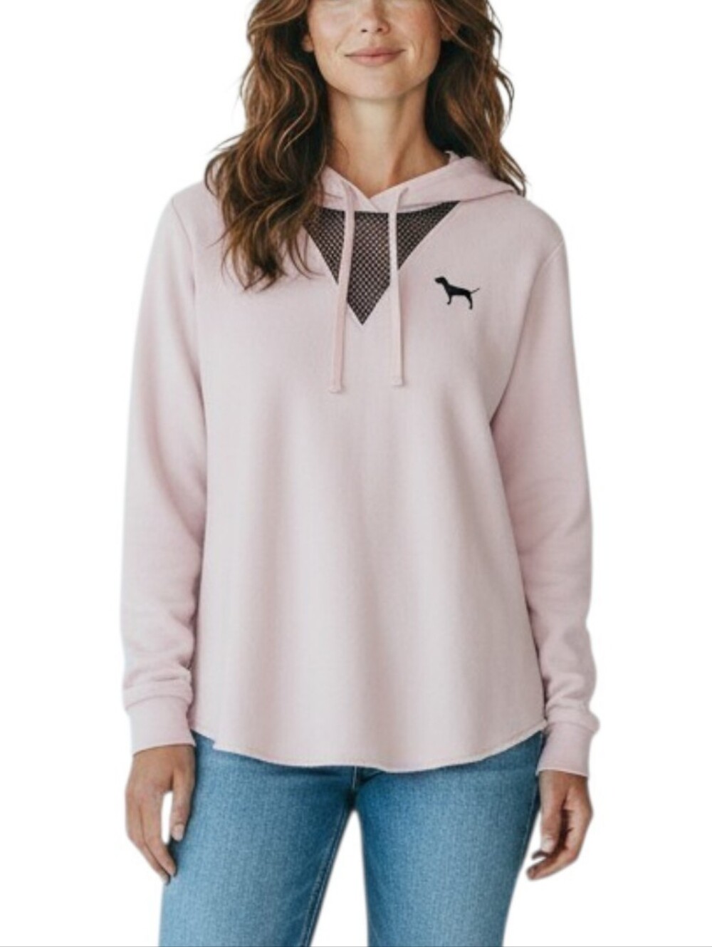 PINK Victoria's Secret Light Pink Hooded Pullover with Black Mesh V-Inset Sz S